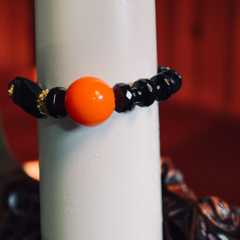 Handmade Black Orange Beaded Bracelet Stretch Crystal Goth Halloween Statement